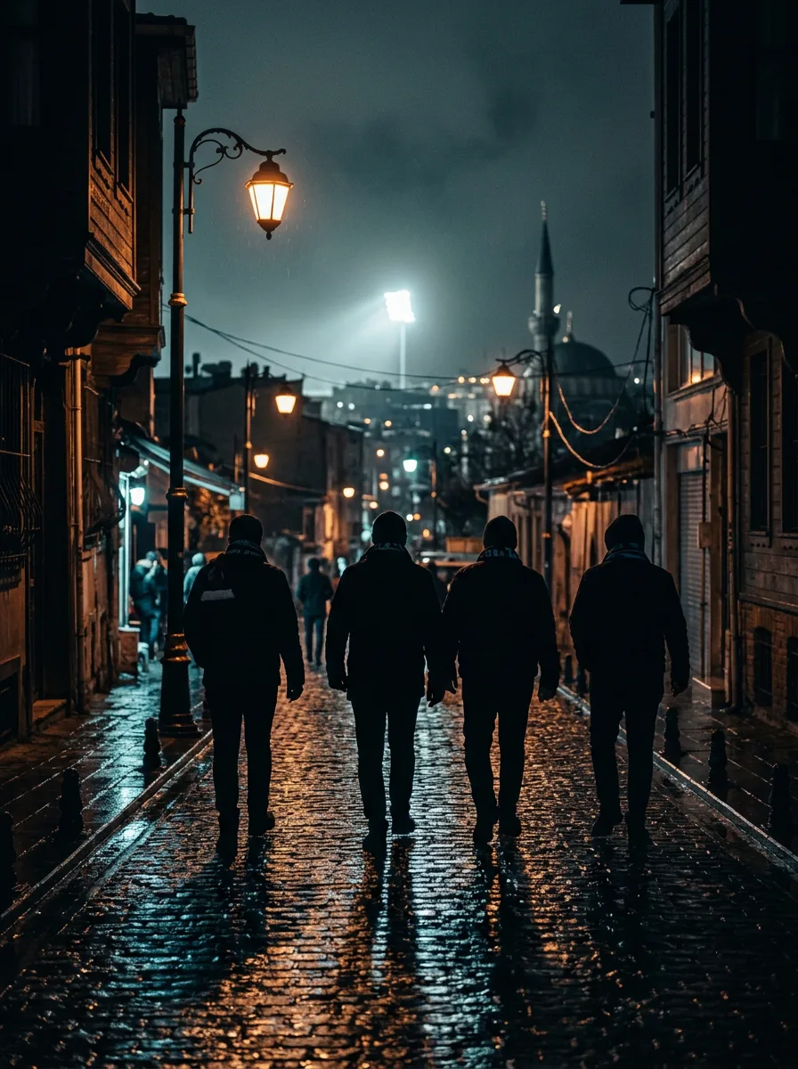 Islak bir İstanbul sokağında stada doğru yürüyen taraftarların siluetleri ve uzaktaki ışıklar.