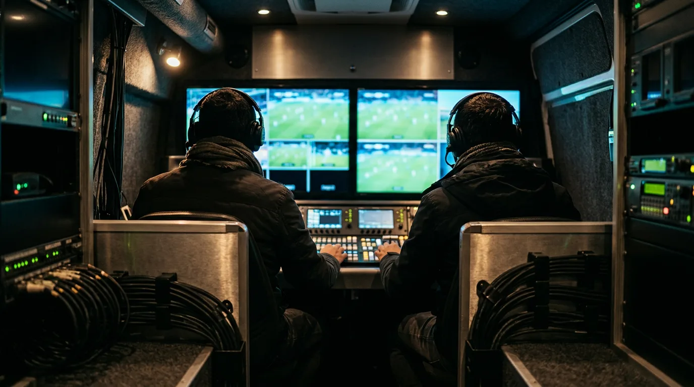 Yayın aracının içinde monitörlerin karşısında çalışan teknik ekip arkadan görünüyor.