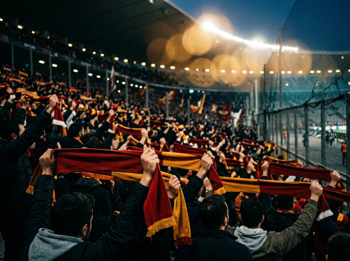 Akşam saatlerinde statta atkılarını havaya kaldıran taraftarların arkadan görünümü.